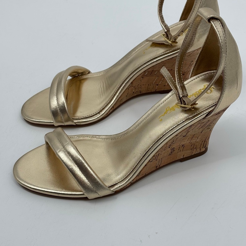 Lilly Pulitzer Gold Wedge Heels Womens Size 7 Cork Strappy Open Toe